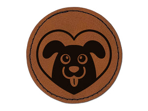 Dog Inside of Heart Love Round Iron-On Engraved Faux Leather Patch Applique - 2.5"