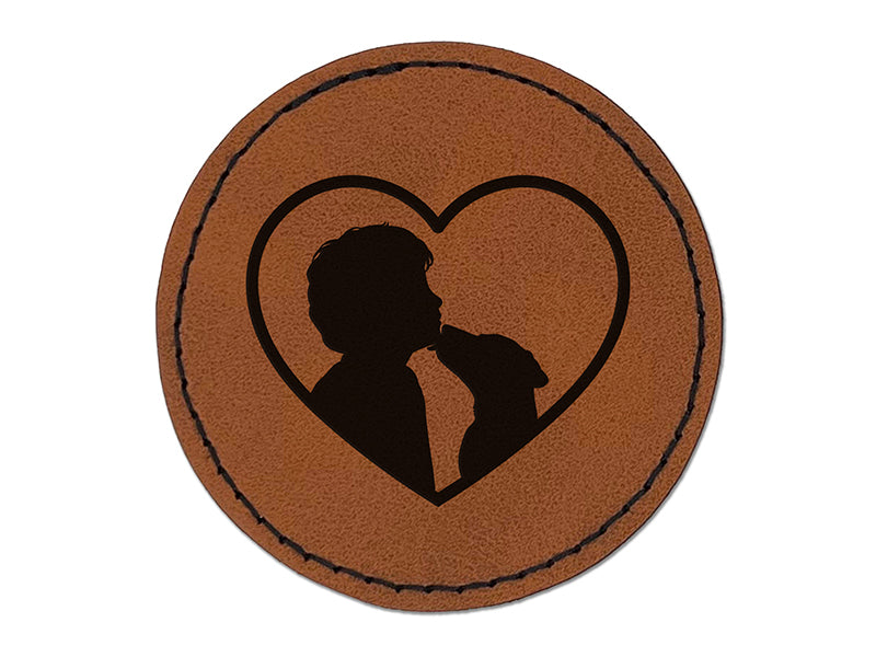 Dog Licking Boy's Face Heart Love Round Iron-On Engraved Faux Leather Patch Applique - 2.5"