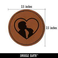 Dog Licking Boy's Face Heart Love Round Iron-On Engraved Faux Leather Patch Applique - 2.5"