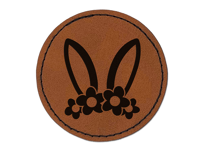 Easter Bunny Ears with Flower Crown Round Iron-On Engraved Faux Leather Patch Applique - 2.5"