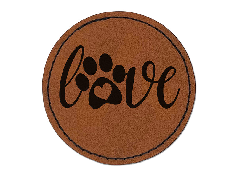 Love Script Paw Print with Heart Dog Cat Round Iron-On Engraved Faux Leather Patch Applique - 2.5"