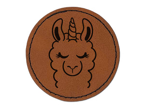 Lovely Llamacorn Llama Unicorn Round Iron-On Engraved Faux Leather Patch Applique - 2.5"