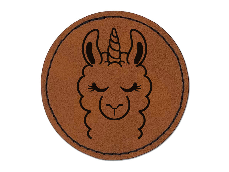 Lovely Llamacorn Llama Unicorn Round Iron-On Engraved Faux Leather Patch Applique - 2.5"