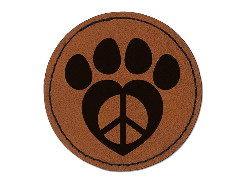 Paw Print Dog Cat Heart Peace Sign Round Iron-On Engraved Faux Leather Patch Applique - 2.5"