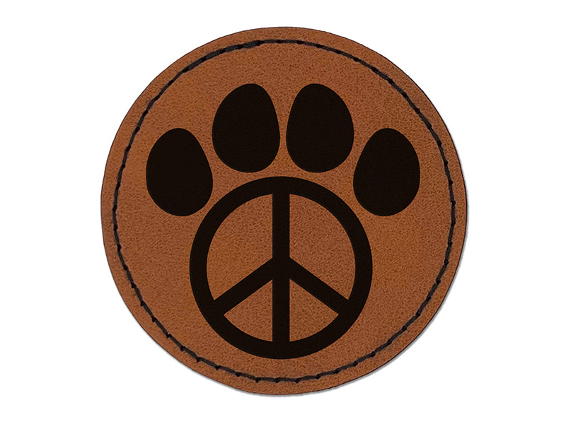Paw Print Dog Cat Peace Sign Round Iron-On Engraved Faux Leather Patch Applique - 2.5"