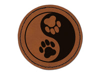 Paw Prints Yin Yang Cat Dog Round Iron-On Engraved Faux Leather Patch Applique - 2.5"