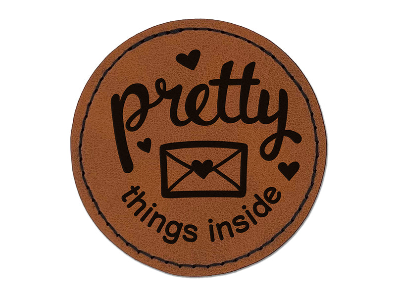 Pretty Things Inside Mail Envelope with Heart Round Iron-On Engraved Faux Leather Patch Applique - 2.5"