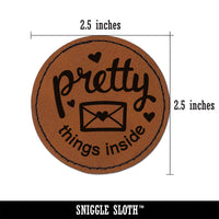 Pretty Things Inside Mail Envelope with Heart Round Iron-On Engraved Faux Leather Patch Applique - 2.5"