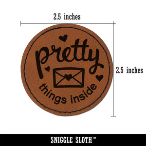Pretty Things Inside Mail Envelope with Heart Round Iron-On Engraved Faux Leather Patch Applique - 2.5"