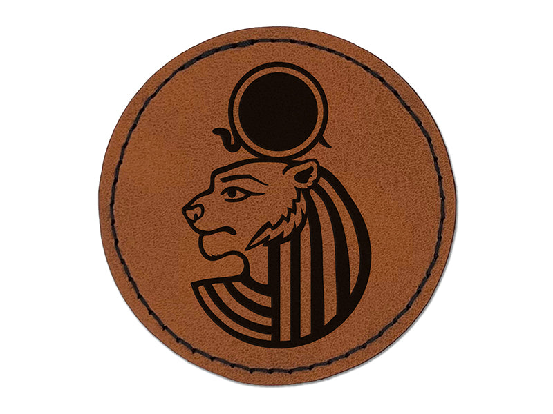 Sekhmet Head Egyptian Goddess of War Round Iron-On Engraved Faux Leather Patch Applique - 2.5"
