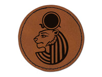 Sekhmet Head Egyptian Goddess of War Round Iron-On Engraved Faux Leather Patch Applique - 2.5"