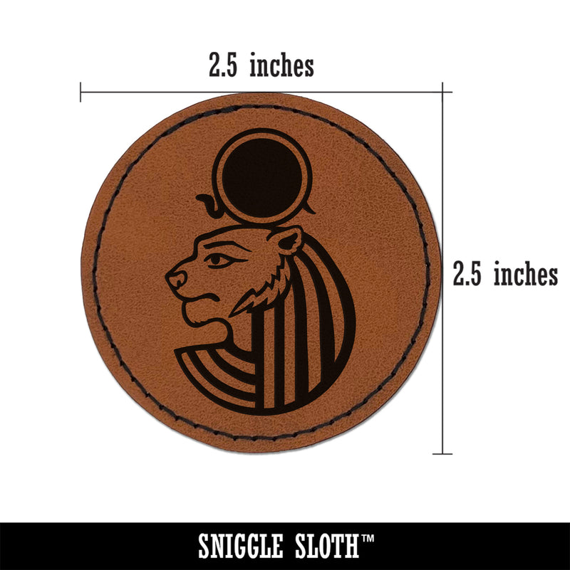 Sekhmet Head Egyptian Goddess of War Round Iron-On Engraved Faux Leather Patch Applique - 2.5"