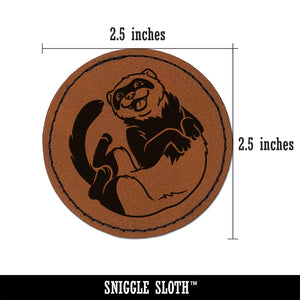 Silly Ferret on Back Round Iron-On Engraved Faux Leather Patch Applique - 2.5"