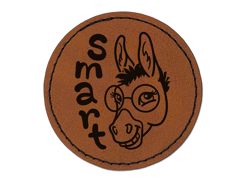 Smiling Smart Donkey with Glasses Round Iron-On Engraved Faux Leather Patch Applique - 2.5"