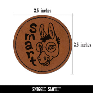 Smiling Smart Donkey with Glasses Round Iron-On Engraved Faux Leather Patch Applique - 2.5"