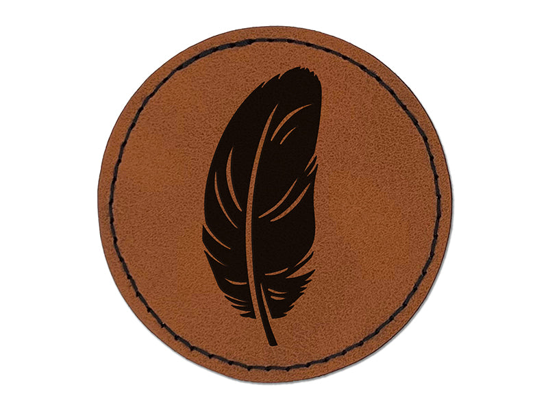 Stout Bird Feather Round Iron-On Engraved Faux Leather Patch Applique - 2.5"