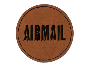 Airmail Fun Drop Shadow Text Round Iron-On Engraved Faux Leather Patch Applique - 2.5"