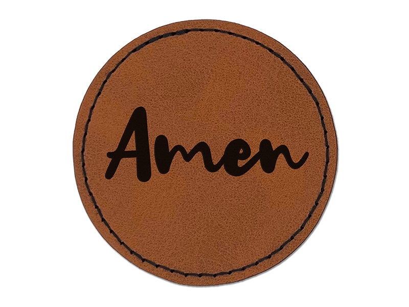 Amen Cursive Fun Text Prayer Praying Round Iron-On Engraved Faux Leather Patch Applique - 2.5"