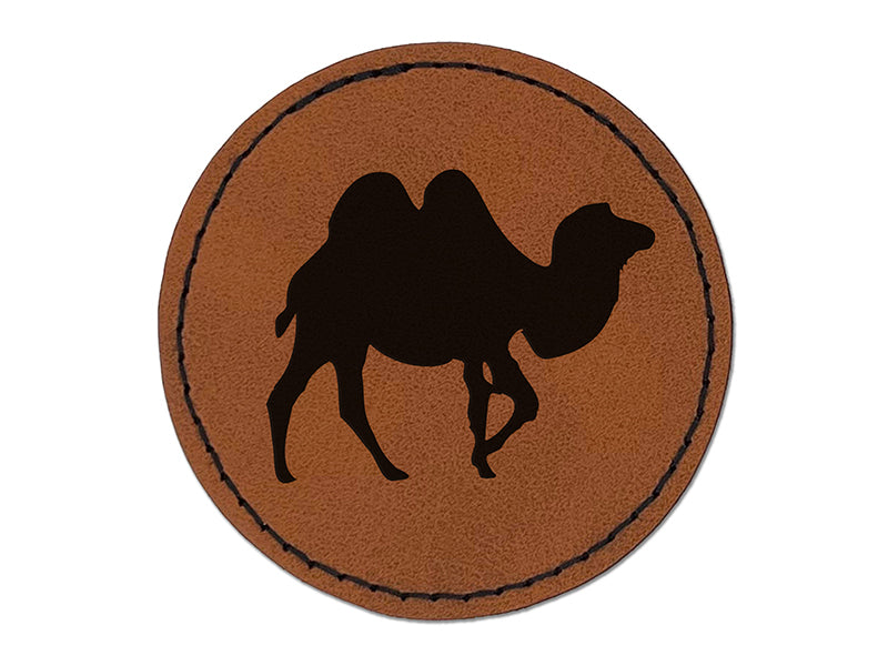 Camel Dromedary Silhouette Round Iron-On Engraved Faux Leather Patch Applique - 2.5"