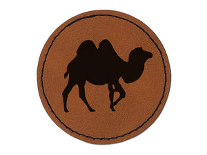 Camel Dromedary Silhouette Round Iron-On Engraved Faux Leather Patch Applique - 2.5"