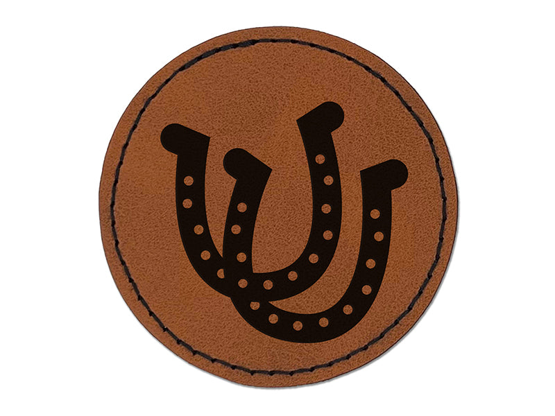 Double Horseshoe Lucky Round Iron-On Engraved Faux Leather Patch Applique - 2.5"