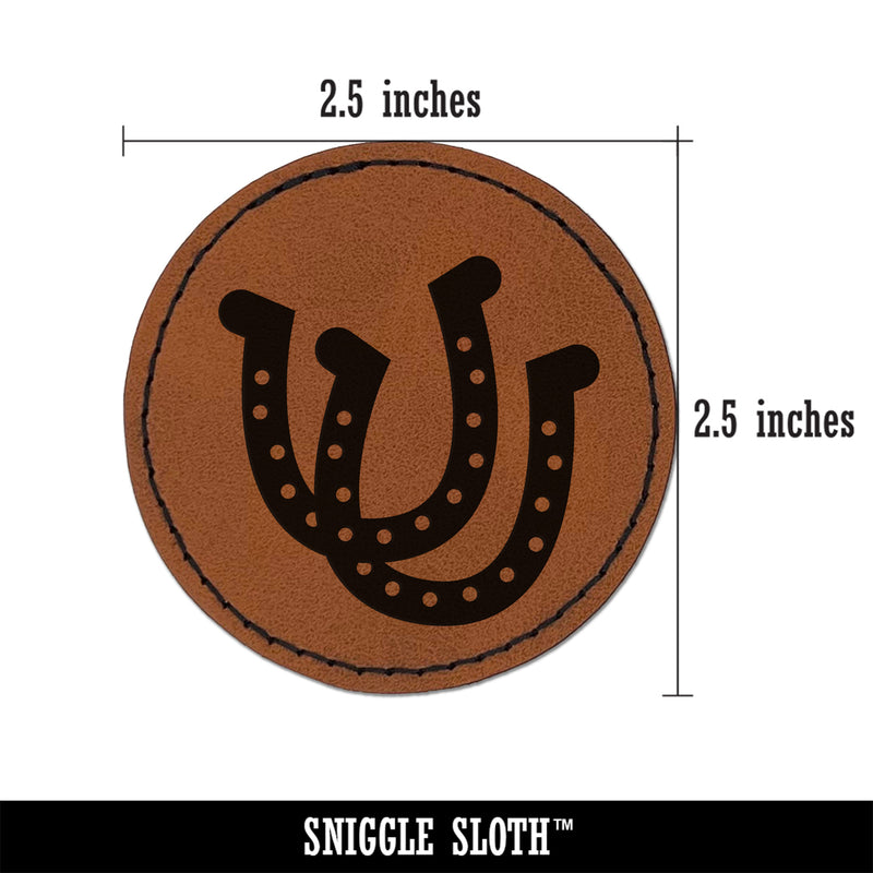 Double Horseshoe Lucky Round Iron-On Engraved Faux Leather Patch Applique - 2.5"