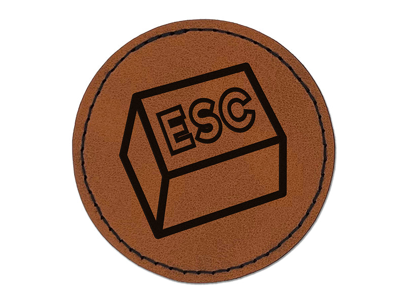Escape Button Computer Keyboard Funny Round Iron-On Engraved Faux Leather Patch Applique - 2.5"
