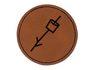 Marshmallow on a Stick S'mores Camping Doodle Round Iron-On Engraved Faux Leather Patch Applique - 2.5"