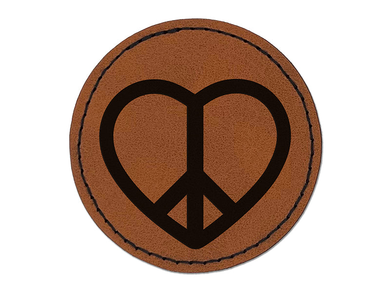 Peace Symbol in Heart Round Iron-On Engraved Faux Leather Patch Applique - 2.5"