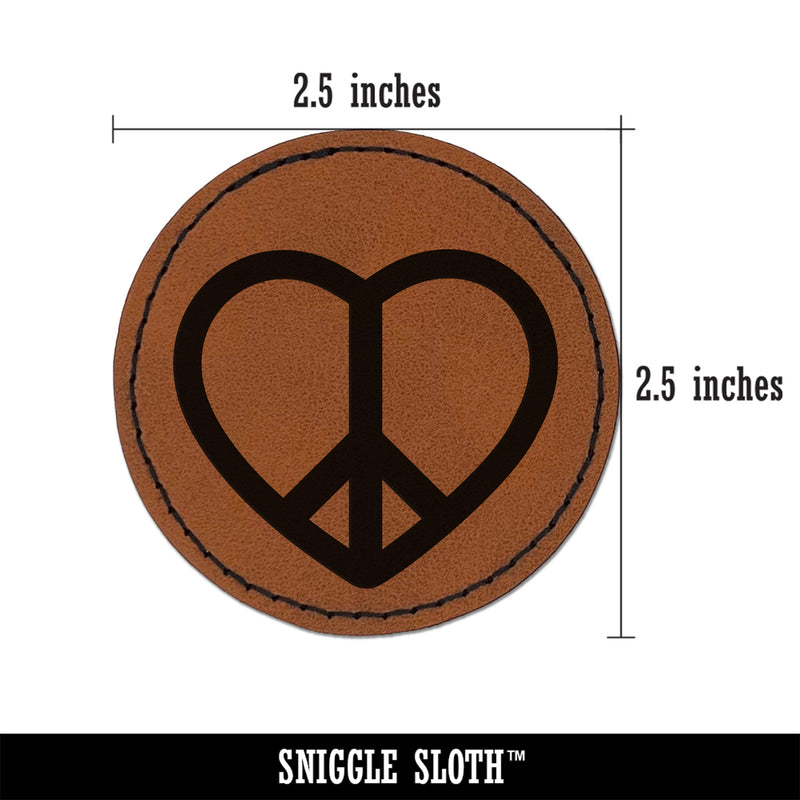 Peace Symbol in Heart Round Iron-On Engraved Faux Leather Patch Applique - 2.5"