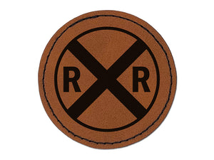 Railroad Crossing Train Round Iron-On Engraved Faux Leather Patch Applique - 2.5"