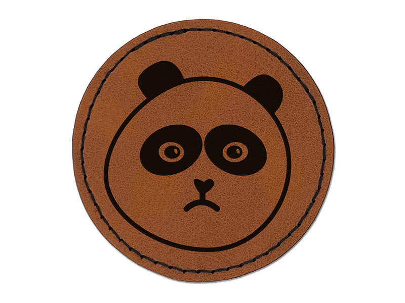 Sad Panda Face Round Iron-On Engraved Faux Leather Patch Applique - 2.5"