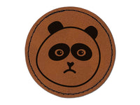 Sad Panda Face Round Iron-On Engraved Faux Leather Patch Applique - 2.5"