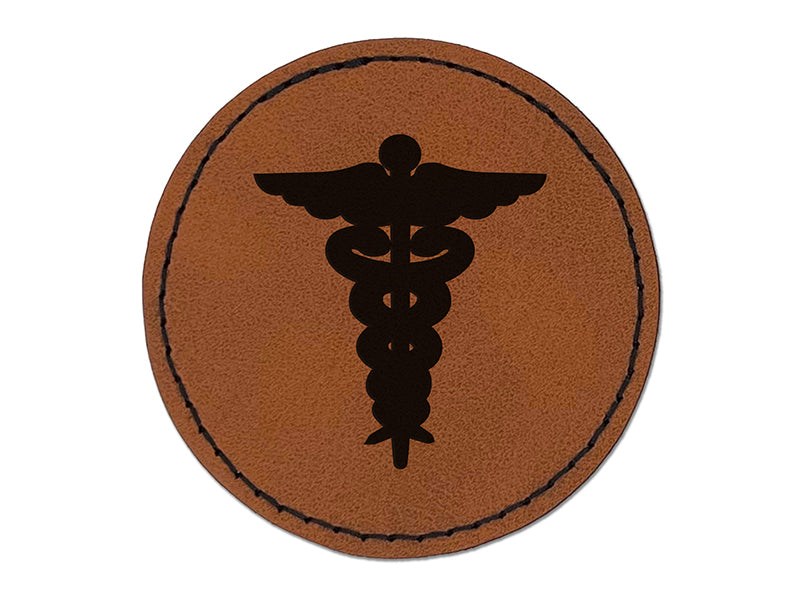Staff of Hermes Silhouette Caduceus Medical Symbol Round Iron-On Engraved Faux Leather Patch Applique - 2.5"
