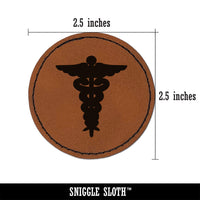 Staff of Hermes Silhouette Caduceus Medical Symbol Round Iron-On Engraved Faux Leather Patch Applique - 2.5"