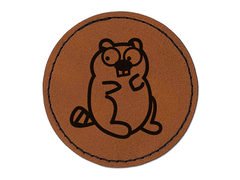 Wary Beaver Doodle Round Iron-On Engraved Faux Leather Patch Applique - 2.5"