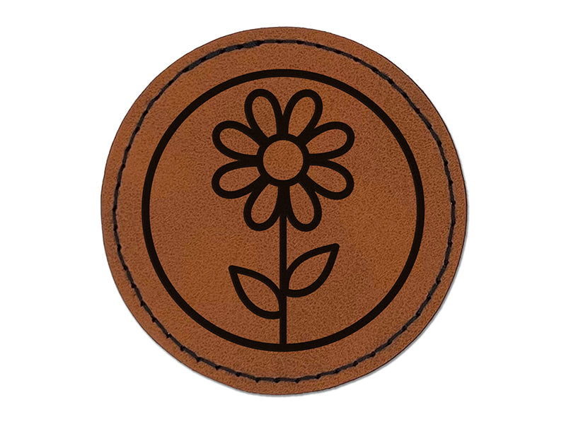 Daisy Flower in Circle Round Iron-On Engraved Faux Leather Patch Applique - 2.5"