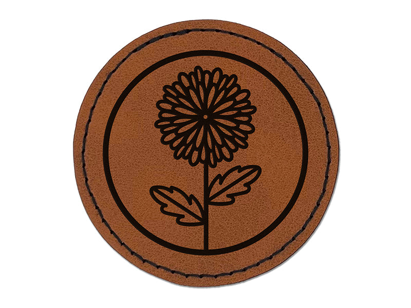 Mum Chrysanthemum Flower in Circle Round Iron-On Engraved Faux Leather Patch Applique - 2.5"