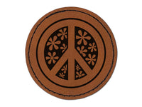 Peace Sign With Flowers Round Iron-On Engraved Faux Leather Patch Applique - 2.5"