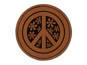 Peace Sign With Flowers Round Iron-On Engraved Faux Leather Patch Applique - 2.5"