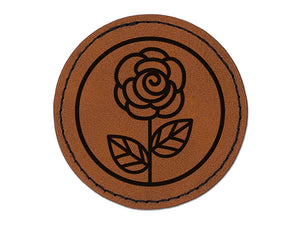 Rose Flower in Circle Round Iron-On Engraved Faux Leather Patch Applique - 2.5"