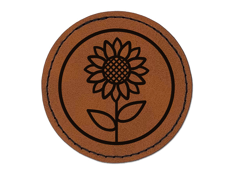 Sunflower in Circle Round Iron-On Engraved Faux Leather Patch Applique - 2.5"