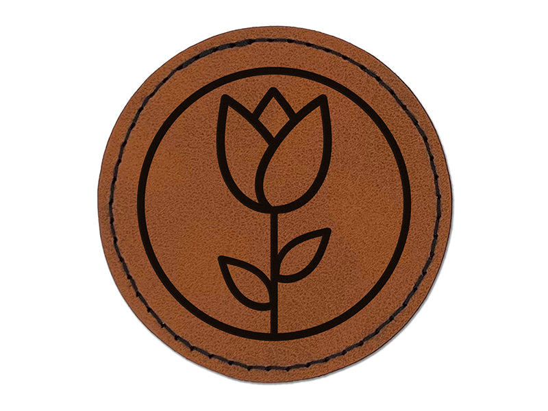 Tulip Flower in Circle Round Iron-On Engraved Faux Leather Patch Applique - 2.5"