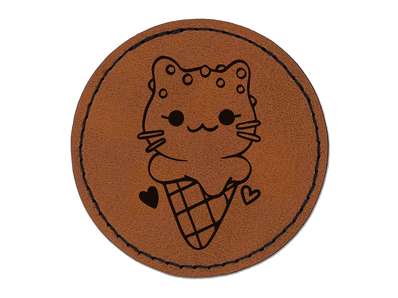 Yummy Ice Cream Cone Cat with Sprinkles Round Iron-On Engraved Faux Leather Patch Applique - 2.5"