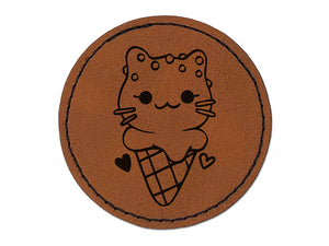 Yummy Ice Cream Cone Cat with Sprinkles Round Iron-On Engraved Faux Leather Patch Applique - 2.5"