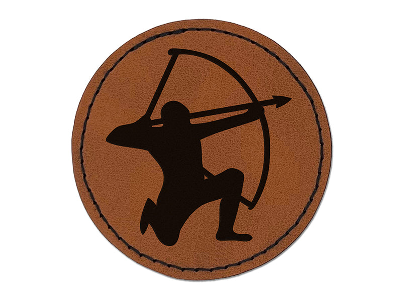 Archer Kneeling with Bow Drawn Archery Round Iron-On Engraved Faux Leather Patch Applique - 2.5"