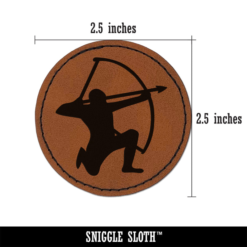 Archer Kneeling with Bow Drawn Archery Round Iron-On Engraved Faux Leather Patch Applique - 2.5"
