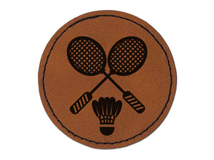 Badminton Rackets and Shuttlecock Birdy Round Iron-On Engraved Faux Leather Patch Applique - 2.5"