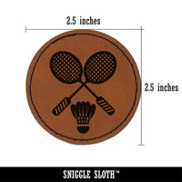 Badminton Rackets and Shuttlecock Birdy Round Iron-On Engraved Faux Leather Patch Applique - 2.5"