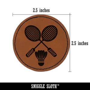 Badminton Rackets and Shuttlecock Birdy Round Iron-On Engraved Faux Leather Patch Applique - 2.5"